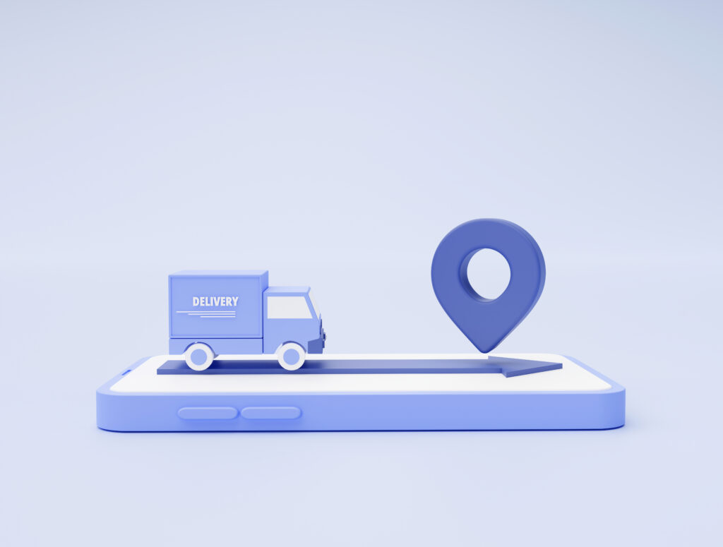 Delivery truck on smartphone with location pointer shipping to customer e-commerce concept on blue background 3d illustration